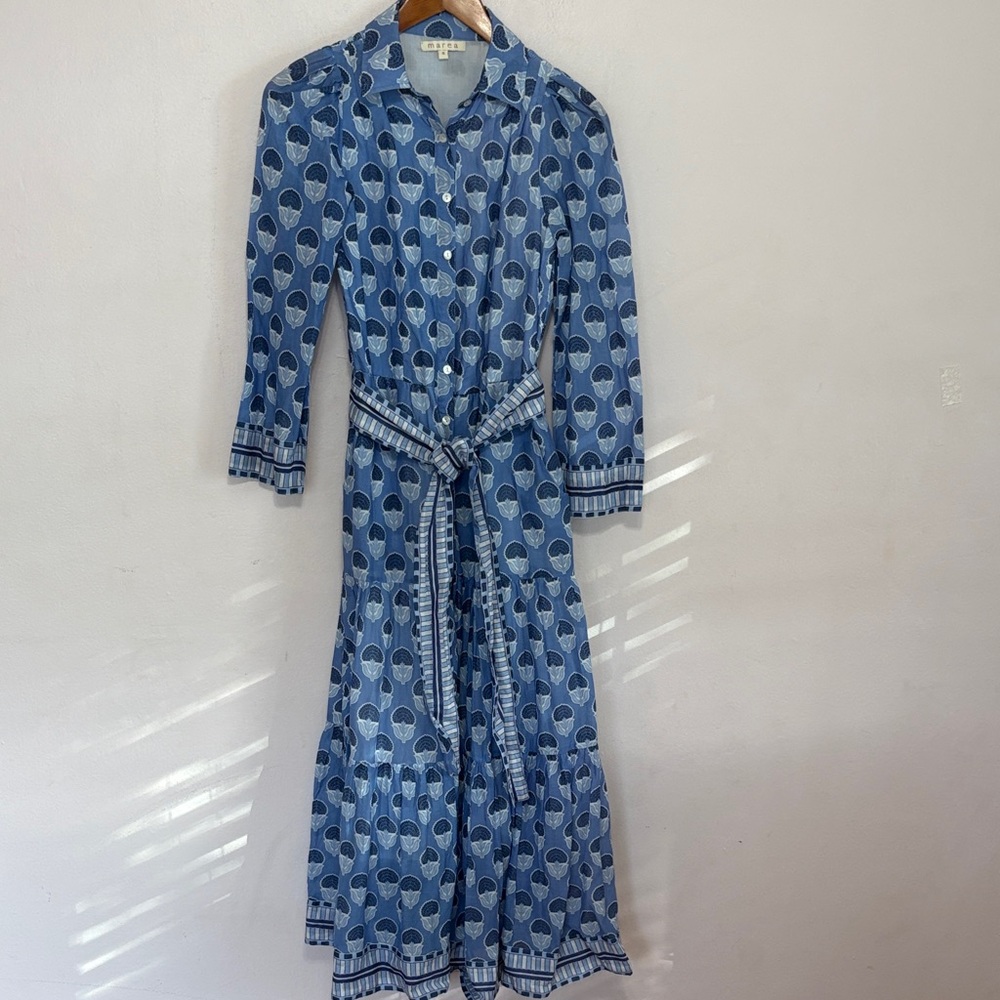 Printed Blue Tiered Maxi Dress with Tie Waist